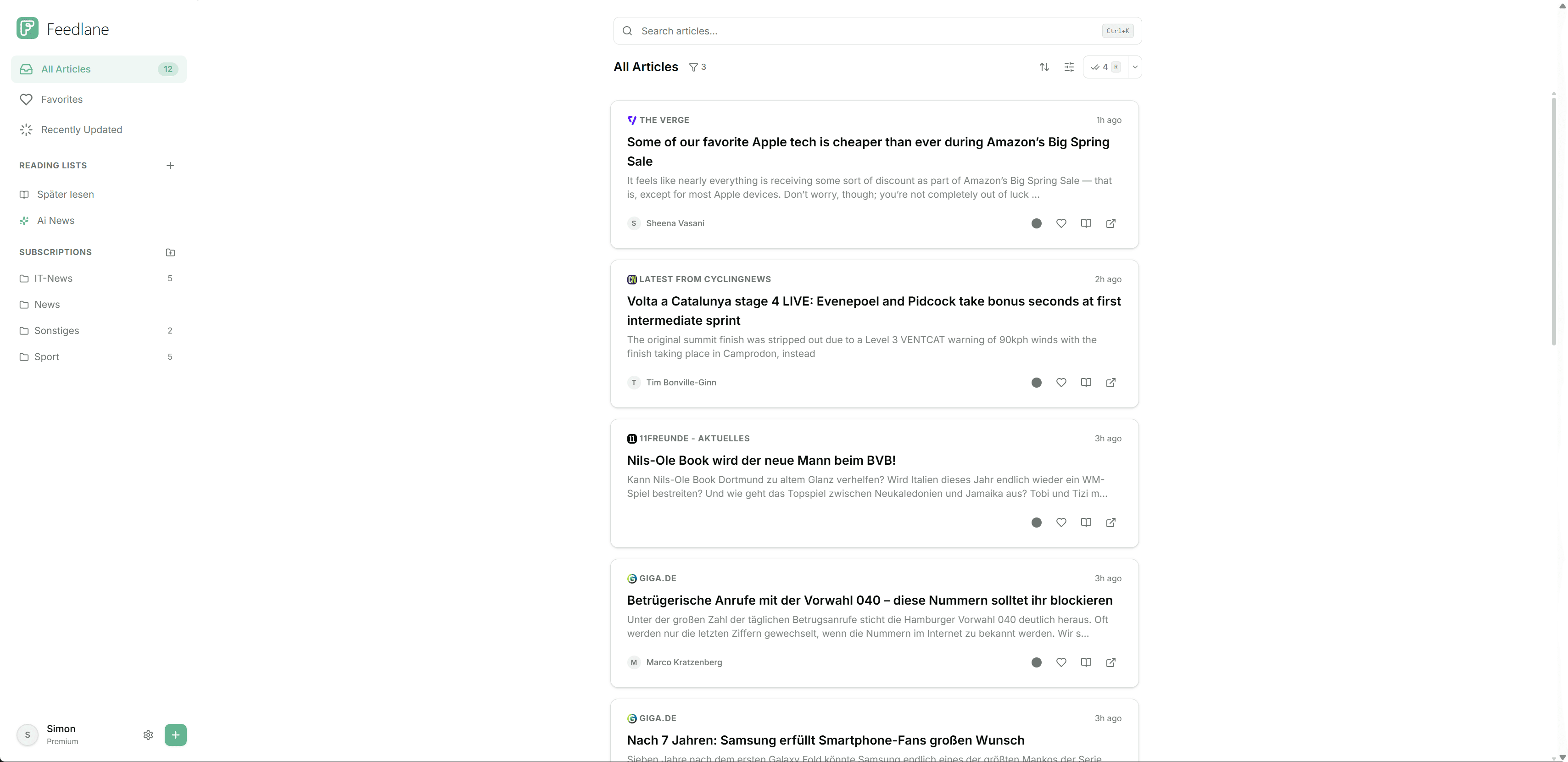 Feedlane RSS reader - feed management